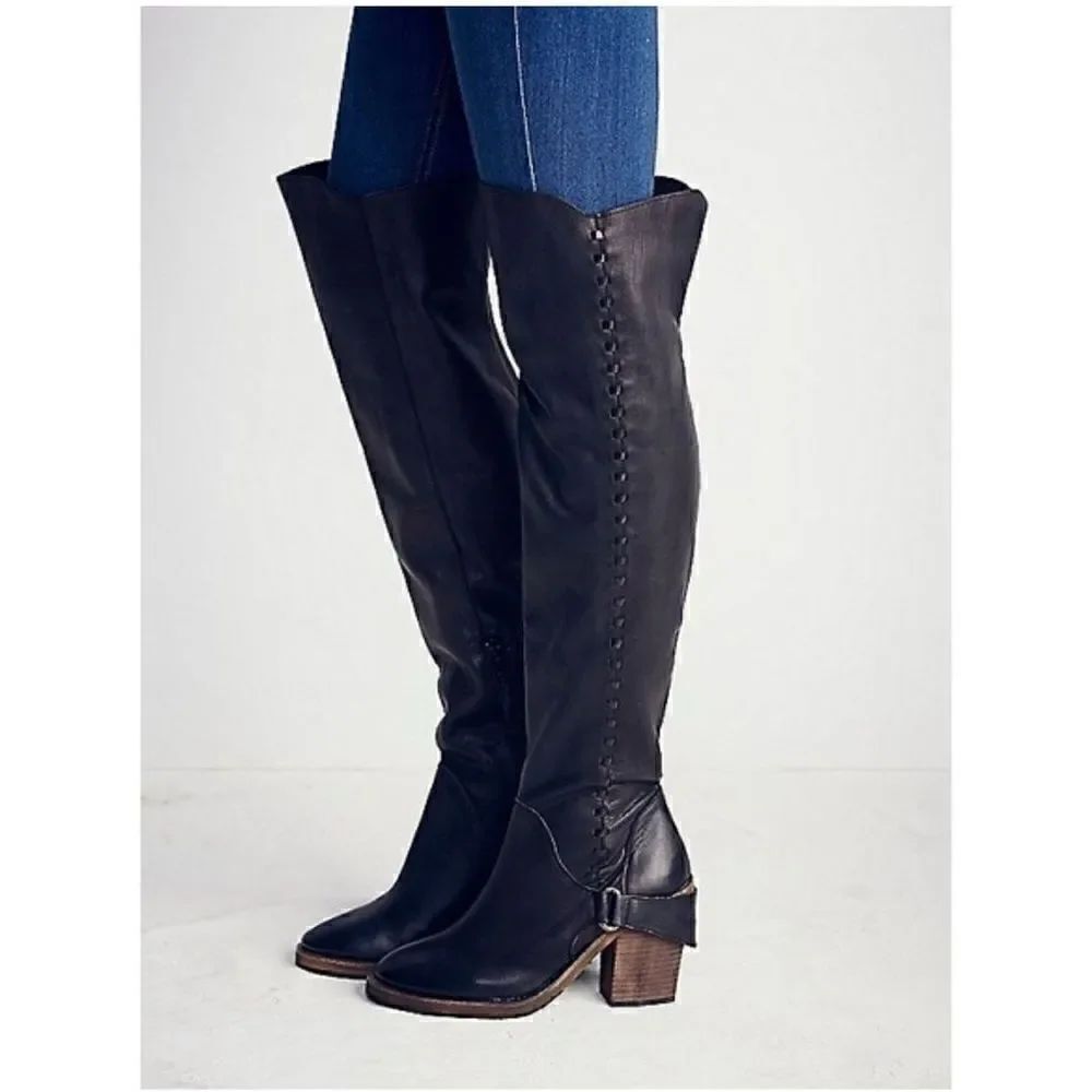 Free People Women’s Auburn Black Leather Over The Knee Whipstitch Detail Boot
